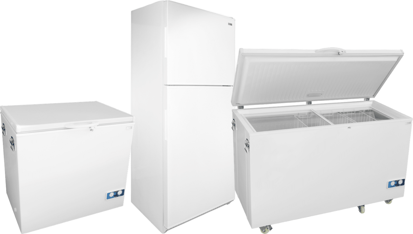 SunDanzer DC160 chest fridge, DCRF450 upright fridge-freezer and DC400 chest fridge
